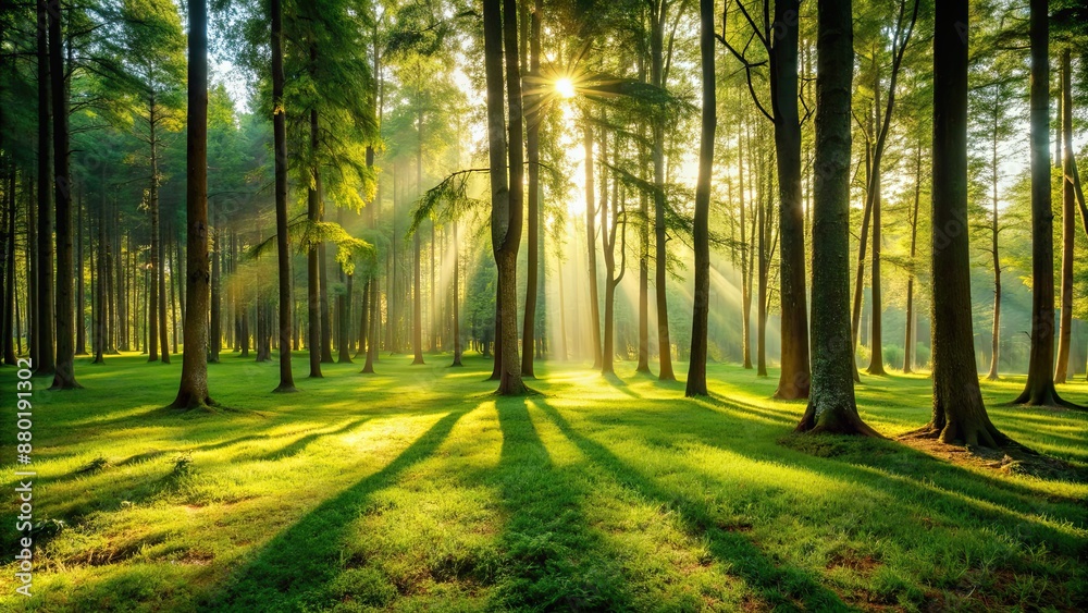 Fototapeta premium Trees casting a shadow in a peaceful forest setting , nature, trees, shadows, forest, tranquil, serene, peaceful
