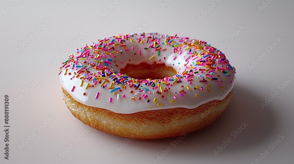 A single glazed doughnut with colorful sprinkles on a clean white surface A single glazed doughnut with colorful sprinkles on a clean white surface