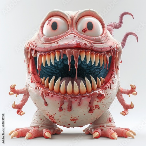 A detailed 3D illustration of a cartoonish, monstrous creature with sharp teeth and a scary expression, perfect for fantasy designs.