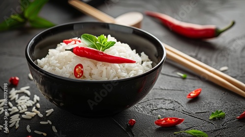 A black bowl filled with rice and topped with red pepper, accompanied by a pair of chopsticks for a traditional and appetizing presentation. photo