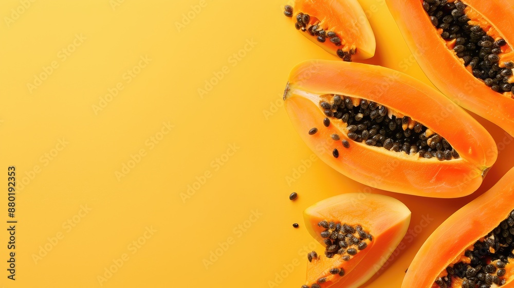 Top down view of papaya slices on a yellow backdrop with room for text Top down view of papaya slices on a yellow backdrop with room for text