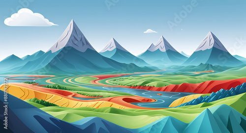 Illustration of a wallpaper showcasing majestic mountain ranges, with detailed peaks, lush valleys, and serene lakes, detailed 