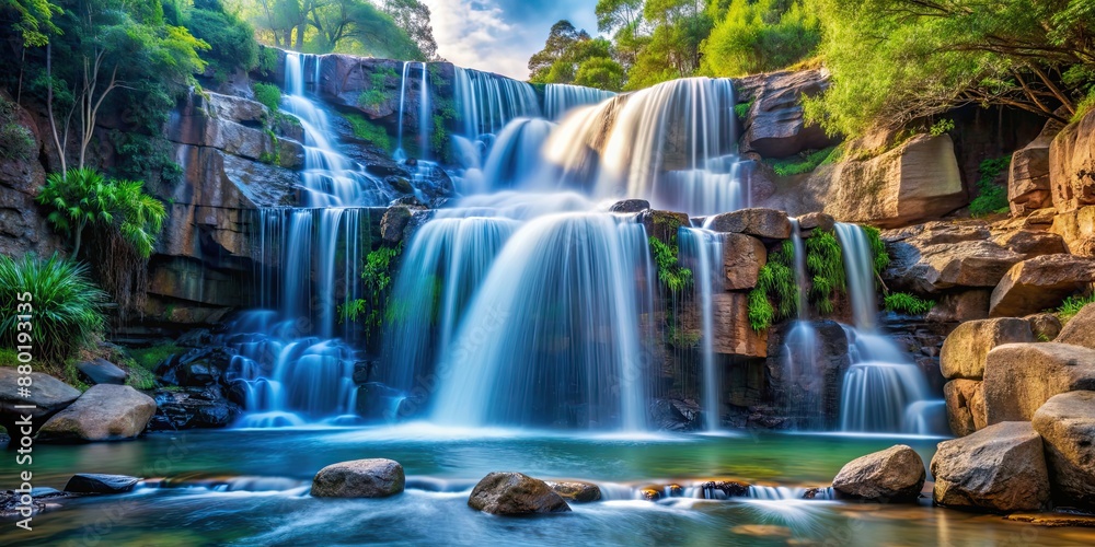 Serene waterfall cascading in soft liquid hues through rocks , nature, landscape, water, flow, peaceful, tranquil, calm Serene waterfall cascading in soft liquid hues through rocks , nature, landscape, water, flow, peaceful, tranquil, calm