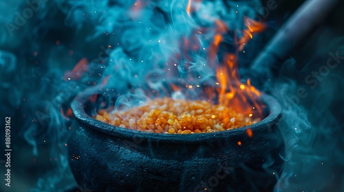 A cauldron over a crackling fire, where pilaf simmers and steams, creating a tantalizing aroma. photo