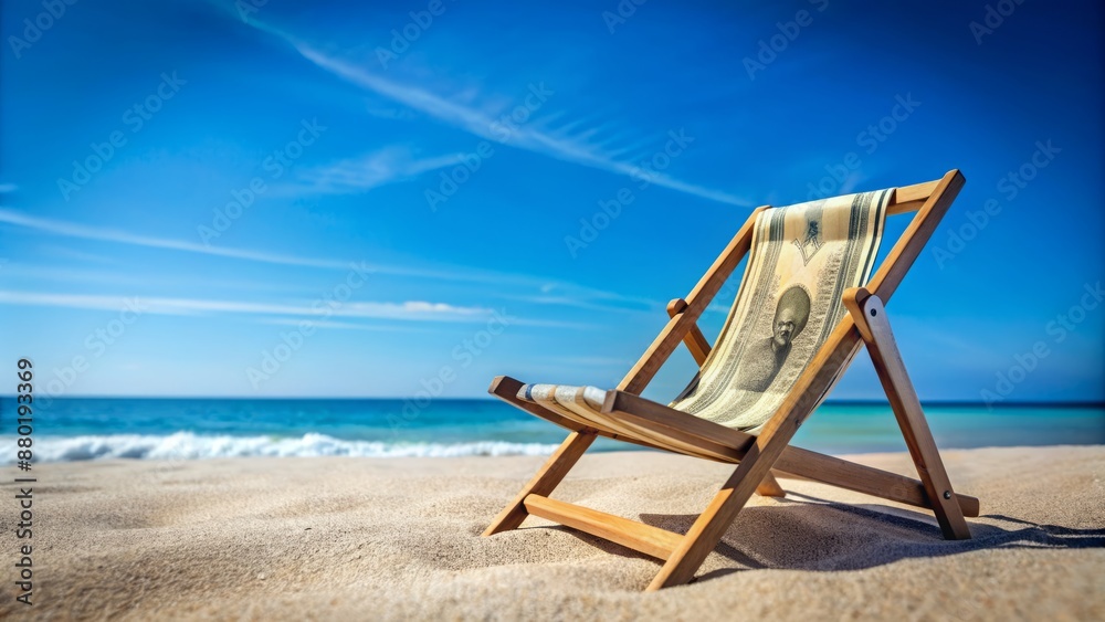 A lone dollar bill relaxed on a wooden beach chair against a bright blue summer sky with ample copy space.