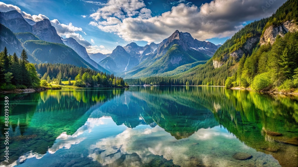 Naklejka premium Serene lake nestled among majestic mountains, serene, lake, peaceful, tranquil, reflection, nature, landscape, scenery