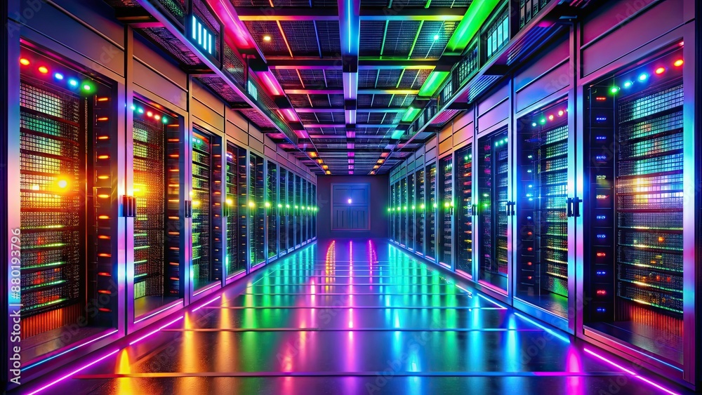 Server room with vibrant neon lights glowing in various colors, technology, server, room, colorful, neon lights, vibrant Server room with vibrant neon lights glowing in various colors, technology, server, room, colorful, neon lights, vibrant