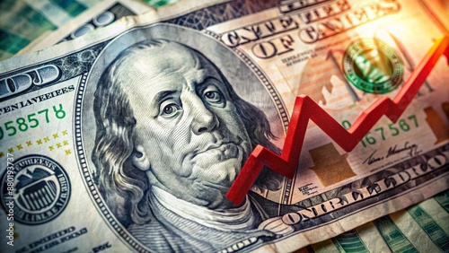 Crashing US dollar banknote torn into pieces, plummeting graph, and rising interest rate chart, symbolizing economic downturn and stagflation crisis. photo