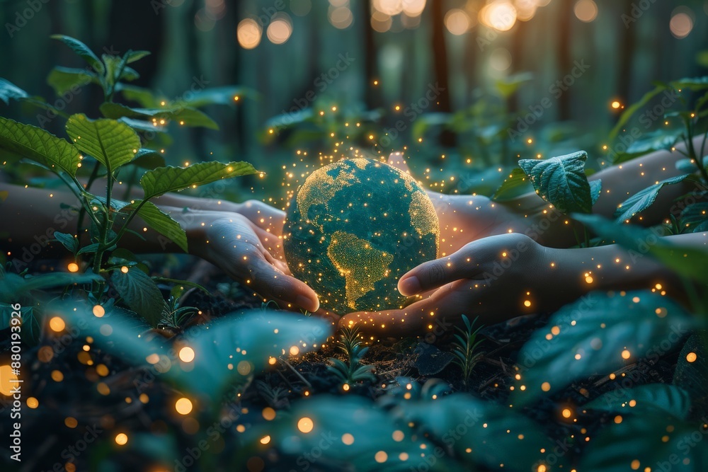 Hands gently cradling glowing Earth amidst lush greenery, representing carbon trading communal efforts towards sustainable future, image emphasizes global cooperation and environmental awareness. Hands gently cradling glowing Earth amidst lush greenery, representing carbon trading communal efforts towards sustainable future, image emphasizes global cooperation and environmental awareness.
