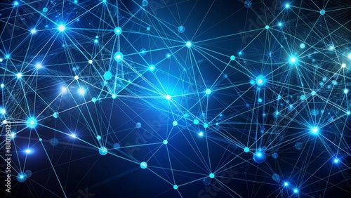 Abstract futuristic geometric pattern of interconnected nodes and lines on a seamless dark blue background representing data analysis.