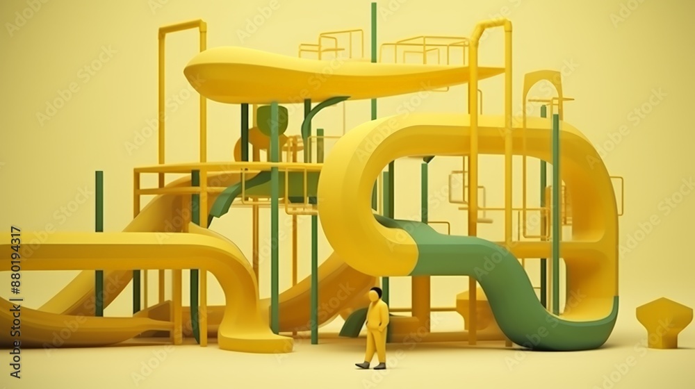 A man in a yellow jumpsuit walks through a yellow and green playground A man in a yellow jumpsuit walks through a yellow and green playground