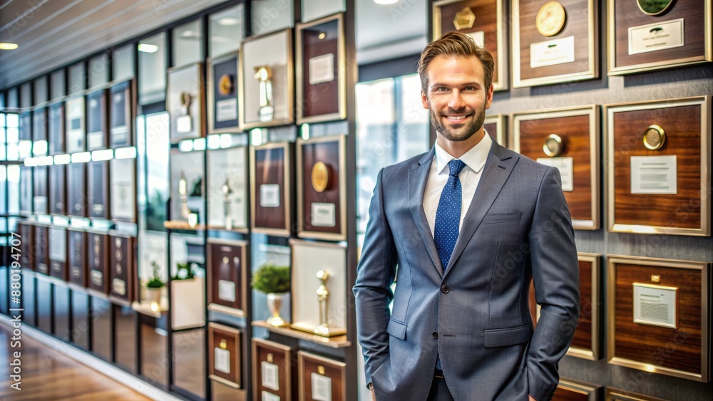 Fototapeta premium A confident business owner stands proudly in front of their sleek, modern office, surrounded by awards and certificates, showcasing their remarkable achievements.