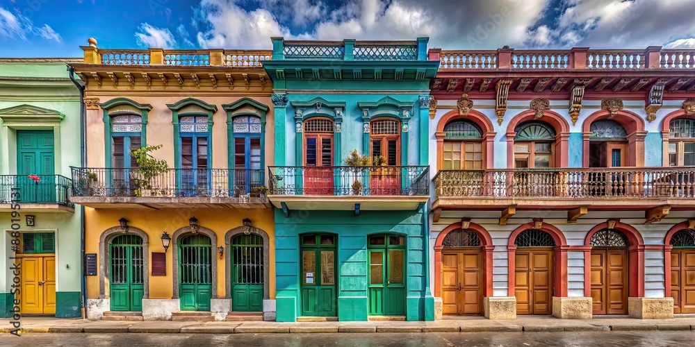 Fototapeta premium Traditional Cuban casa particular with colorful walls and wrought iron balconies , Cuban, casa particular