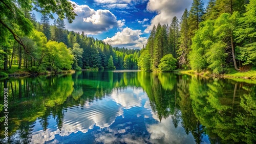 Serene lake surrounded by lush forest trees, lake, forest, nature, tranquil, peaceful, reflection, water, trees, greenery, serene