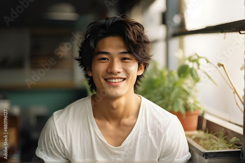 A young man with a white shirt and short hair is smiling at the camera