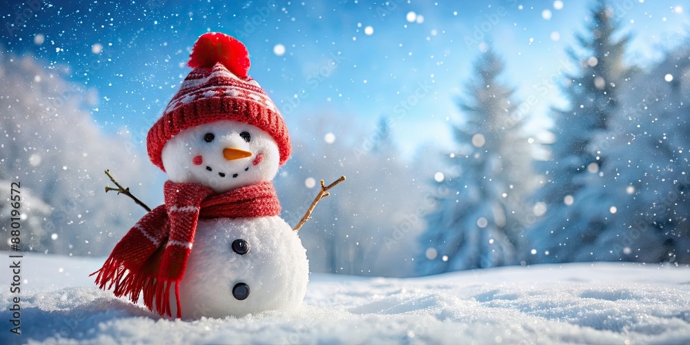 Snowman wearing a red hat and scarf in winter wonderland, snow, cold, holiday, festive, cute, cheerful, Christmas