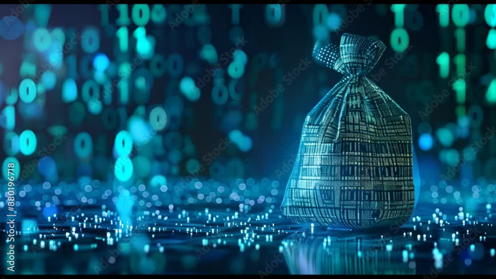 A digital money bag placed on a futuristic, technological background that represents the concept of digital money and its importance in the modern world.