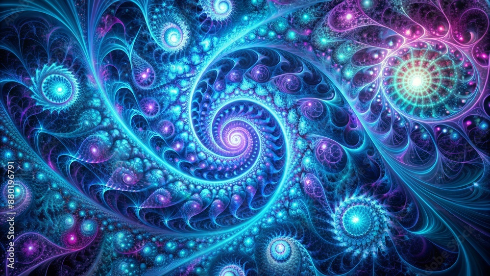 Abstract futuristic seamless pattern of swirling fractals and nodes illustrating complex machine learning algorithms in cyan and purple hues. Abstract futuristic seamless pattern of swirling fractals and nodes illustrating complex machine learning algorithms in cyan and purple hues.