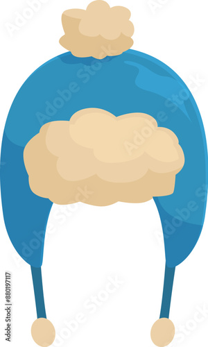 Blue winter hat with ear flaps tied under chin keeping ears warm during cold weather