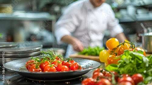 Chef Prepares Gourmet Dish in Blurred Restaurant Kitchen with Fresh Ingredients