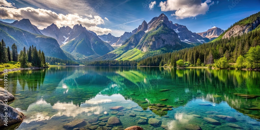 Scenic alpine lake surrounded by majestic mountains, nature, landscape, wilderness, tranquil, reflection, remote Scenic alpine lake surrounded by majestic mountains, nature, landscape, wilderness, tranquil, reflection, remote