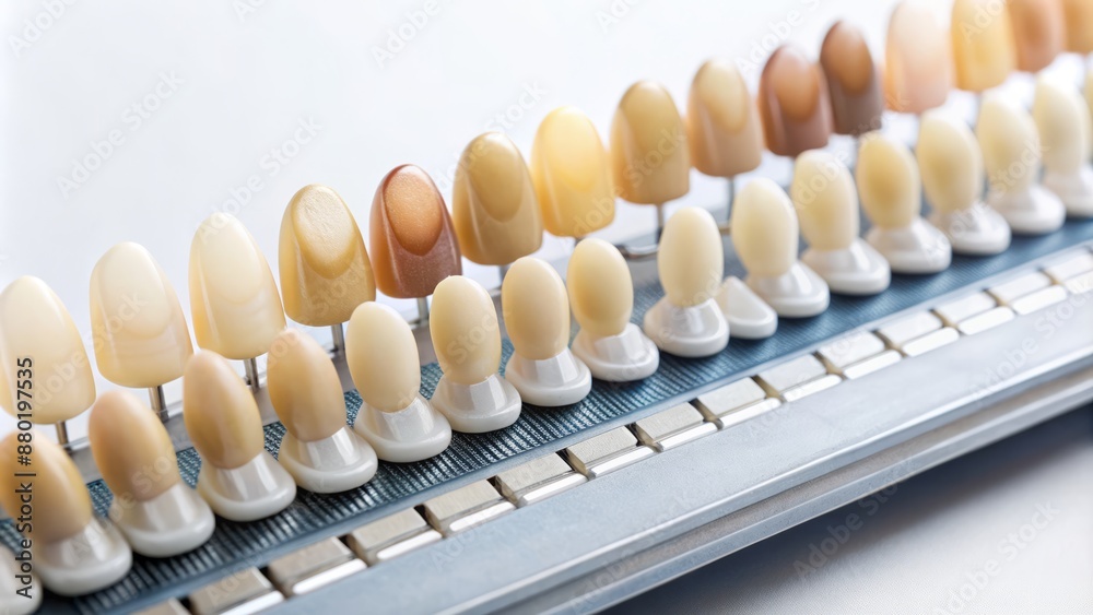 A row of variously shaded dental veneer samples on a white background, with a color gradient chart beside them. A row of variously shaded dental veneer samples on a white background, with a color gradient chart beside them.