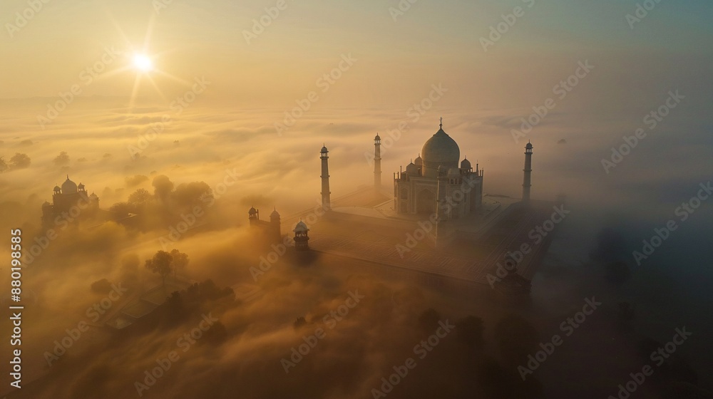 a building with towers and towers in the middle of fog a building with towers and towers in the middle of fog