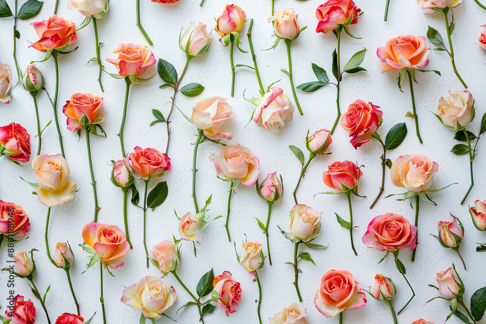 Stunning floral texture of rosebuds on a white wall Stunning floral texture of rosebuds on a white wall