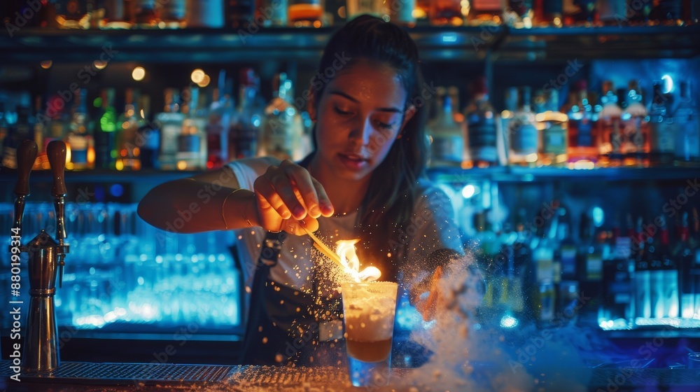 Photo of young bartender filling brown cocktails and pouring powdered sugar on bar counter amidst blue light on tongs Photo of young bartender filling brown cocktails and pouring powdered sugar on bar counter amidst blue light on tongs