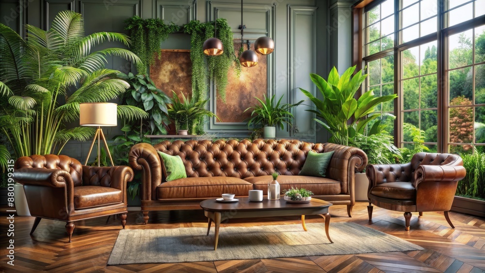 Elegant living room with sleek retro-inspired sofa, armchair, and coffee table, surrounded by lush plants and ornate personal accessories. Elegant living room with sleek retro-inspired sofa, armchair, and coffee table, surrounded by lush plants and ornate personal accessories.