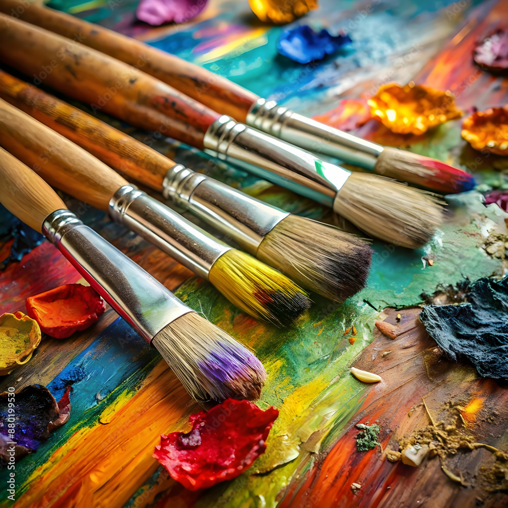 used brushes on an artist s palette of colorful