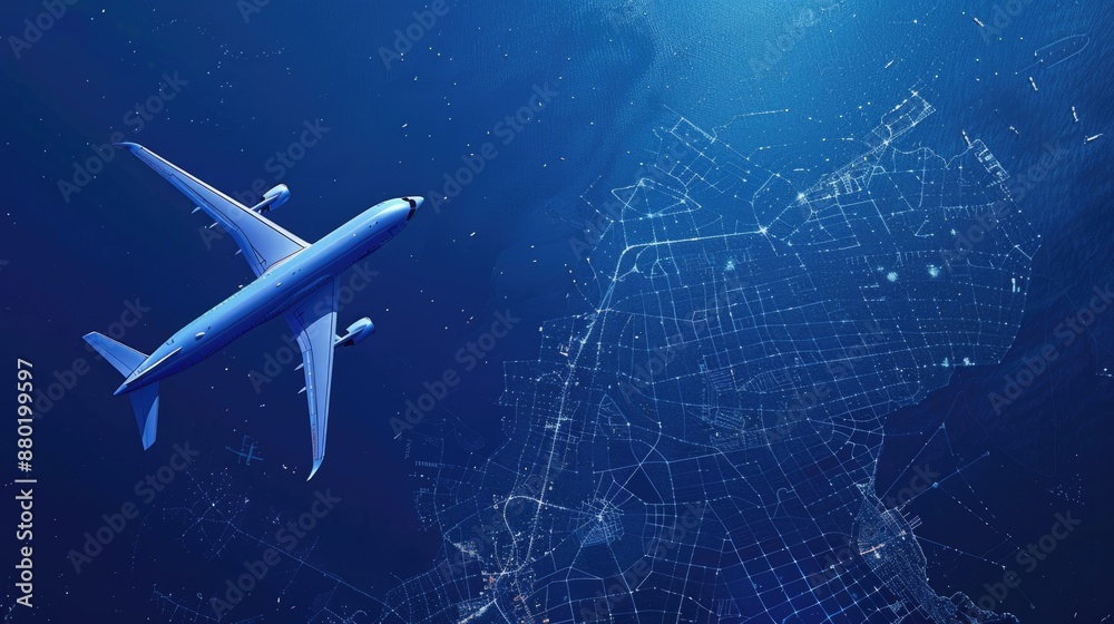 Fototapeta premium Aerial view of an airplane flying over the deep ocean, illuminating the city grids below