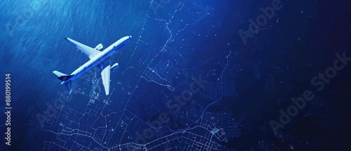 Aerial view of an airplane flying over the deep ocean, illuminating the city grids below