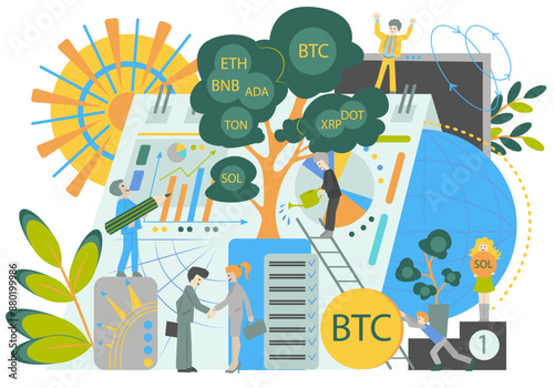 Flat vector illustration with cryptocurrency marketplace and trading business people. Blockchain technology and crypto coin growth concept. Bitcoin and Financial Investment Experts discovering profit
