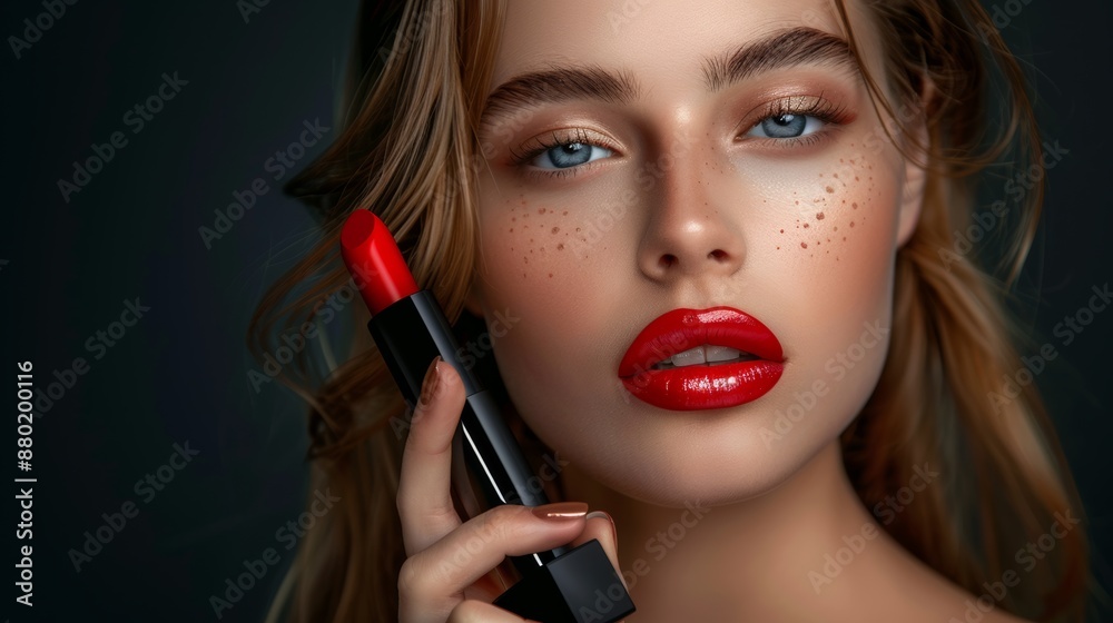 Photo of a beautiful woman with red lips and classic makeup with lipstick in hand. Beautiful face. Photo taken in a studio.