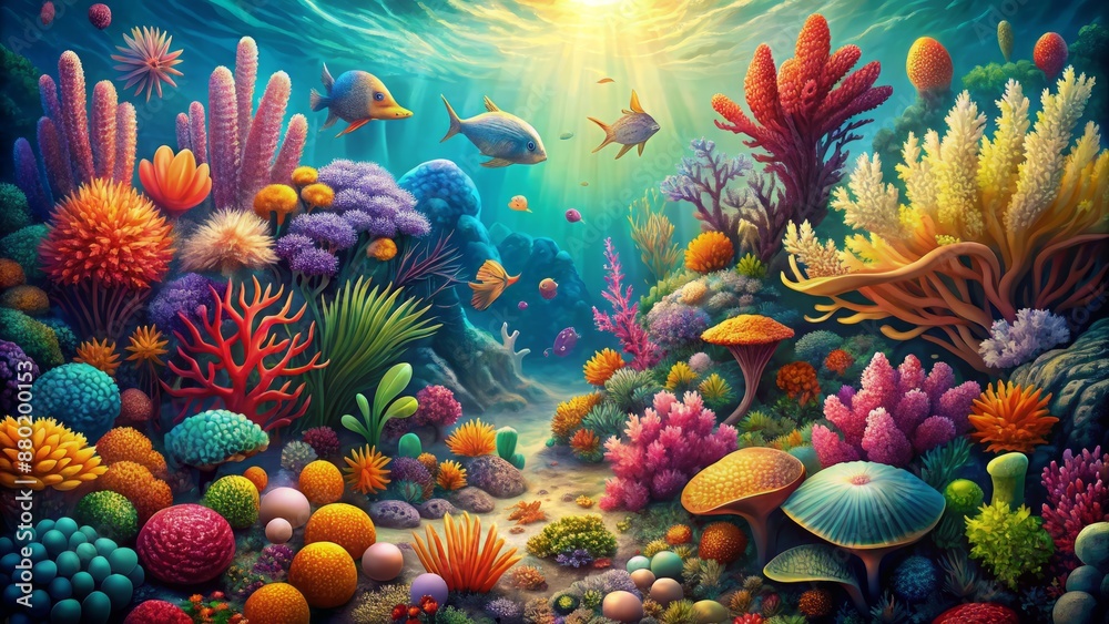 Vibrant, whimsical illustration of diverse underwater flora, featuring colorful corals, seaweed, seashells, and mollusks in a stylized, serene oceanic environment. Vibrant, whimsical illustration of diverse underwater flora, featuring colorful corals, seaweed, seashells, and mollusks in a stylized, serene oceanic environment.