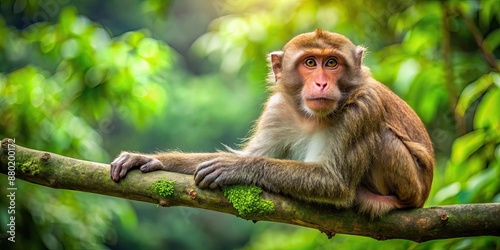 Wild macaque with long fur relaxes on a tree branch in a lush green forest, wild, macaque, long fur, relax, tree branch, lush © Sujid