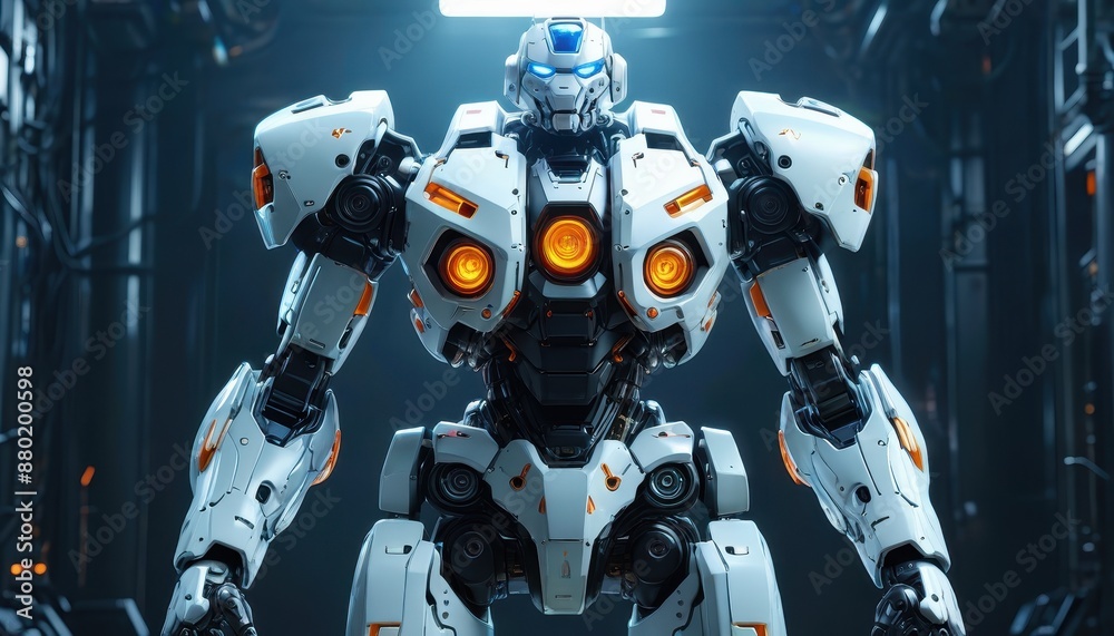 Futuristic White Robot in a Dark Setting. Futuristic White Robot in a Dark Setting.