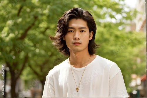 A man with long hair is wearing a white shirt and a gold necklace