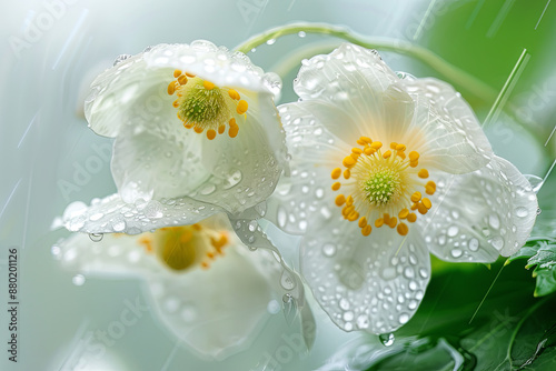 Japan Diphylleia grayi with transparent petals on a rainy day, pastel background photo