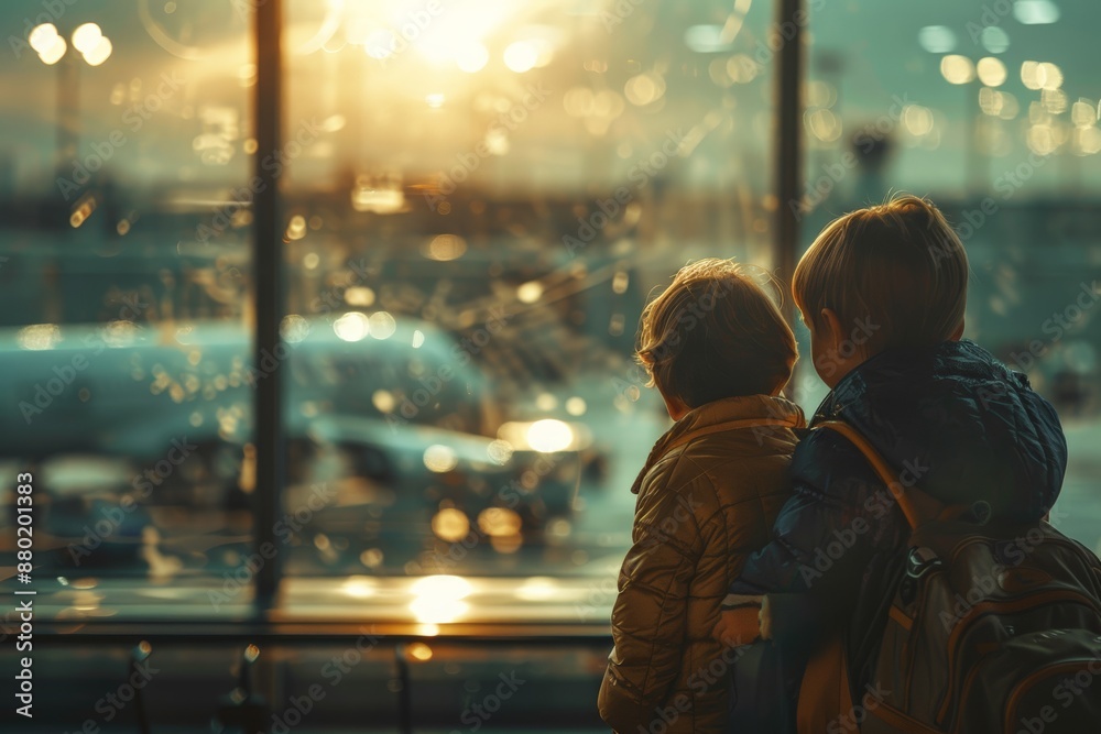 Two children at airport window watching planes, illuminated by golden morning light. Scene captures excitement, curiosity of young travelers as they embark on an adventure, filled with anticipation. Two children at airport window watching planes, illuminated by golden morning light. Scene captures excitement, curiosity of young travelers as they embark on an adventure, filled with anticipation.