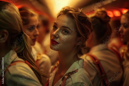 Flight attendant among colleagues in airplane, highlighted by warm lighting, capturing moments camaraderie. Female in uniform, engaging with team, reflecting teamwork, professional dedication. © Thaniya
