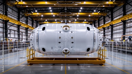 Technological artistry in spacecraft fabrication, intricate craft and engineering, readying for a journey into orbit, emphasizing innovation