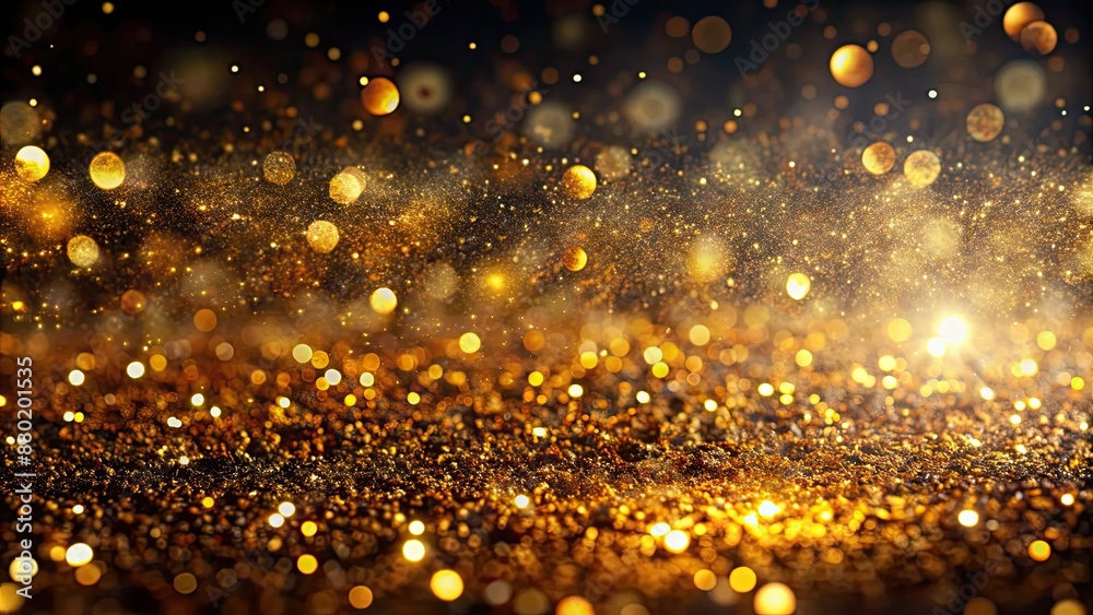 Shiny golden glitter particles and bokeh on dark backdrop, glitter, particles, bokeh, golden, shiny, background, dark