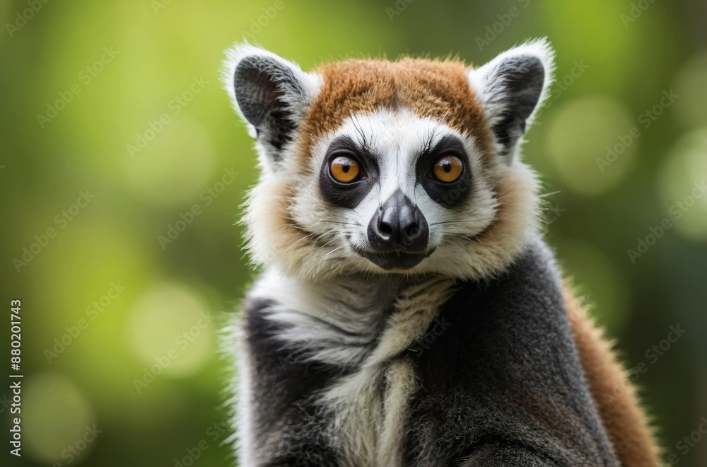 Fototapeta premium Close up portrait of curious lemur with bright yellow eyes against blurred green nature background