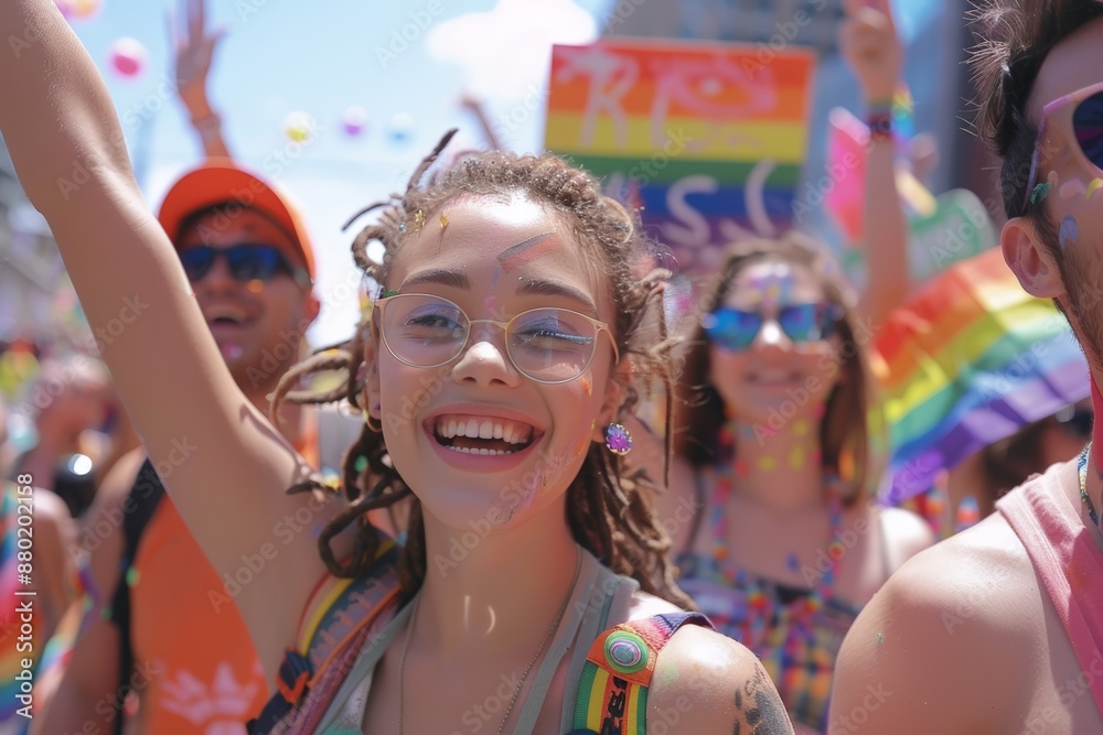 Cheerful young woman at LGBTQ+ pride parade, surrounded by vibrant crowd. Smiling with face painted, wearing colorful outfit and glasses. Reflects joy, acceptance, and unity at pride event. Cheerful young woman at LGBTQ+ pride parade, surrounded by vibrant crowd. Smiling with face painted, wearing colorful outfit and glasses. Reflects joy, acceptance, and unity at pride event.