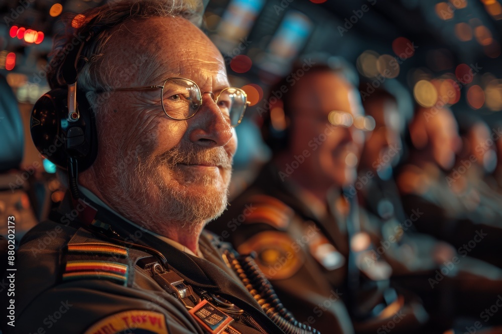 Group of senior pilots in cockpit, smiling and engaged during an aviation event. Captures camaraderie, experience, joy of flying. Warm lighting enhances atmosphere of connection and teamwork.