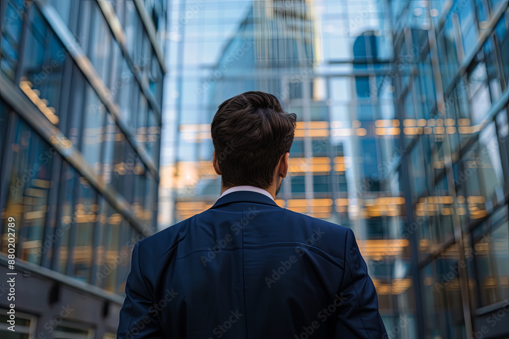 Back of a businessman in a suit with modern office glass buildings in the background, symbolizing economic market stock investment and financial growth Back of a businessman in a suit with modern office glass buildings in the background, symbolizing economic market stock investment and financial growth