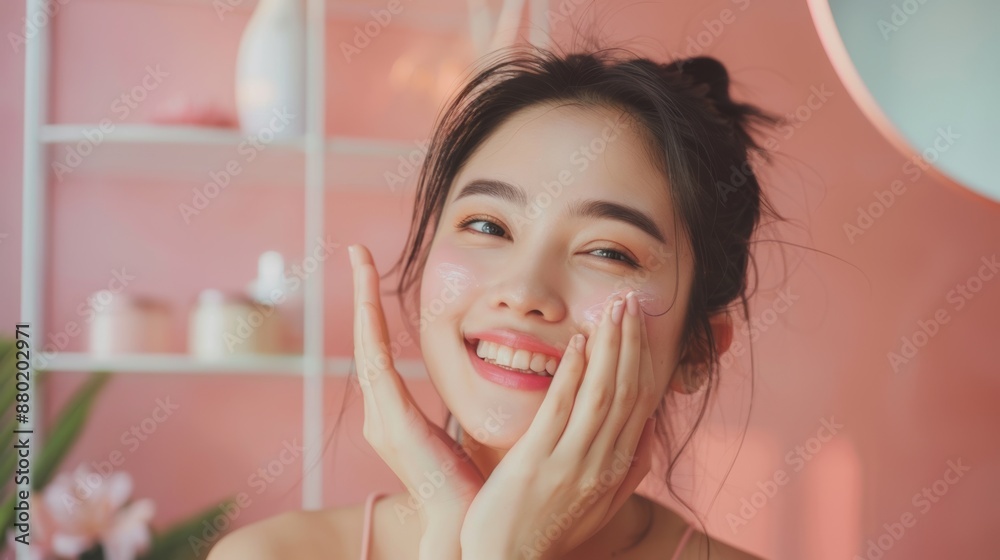 Beauty, skin care, Asian woman with brown ponytail. Both hands touched her face, smiling and looking into the mirror. Beauty, skin care, Asian woman with brown ponytail. Both hands touched her face, smiling and looking into the mirror.