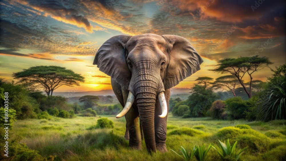 Obraz premium Majestic wild elephant with tusks and wrinkled gray skin stands alone in a lush green jungle landscape at sunset.